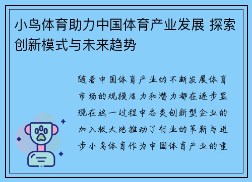 小鸟体育助力中国体育产业发展 探索创新模式与未来趋势